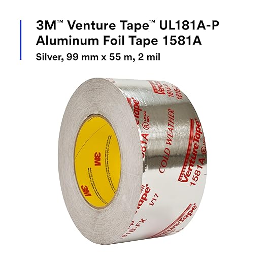 3M Venture Tape UL181A-P Aluminum Foil Tape 1581A, Rigid and Flexible Duct Seaming, Durable, Cold Weather Adhesion, 3.89 in x 60 yd, 2 mil