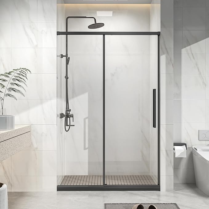 Semi-Frameless Shower Door 48" W x 72" H, 1/4" Clear Tempered Glass, Sliding Design, Reversible Installation, Matte Black Finish, Space-Saving Glass Shower Door for Small Bathrooms