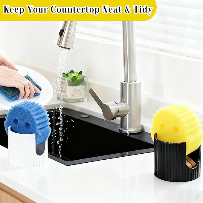 Ceramic Sponge Holder for Kitchen Sink - Dishwasher Safe Porcelain Dish Sponge Caddy Minimalist Vertical Stripes, Scrub Daddy Drying Rack for Countertop, Bathroom, Kitchen Sink Organizer, 2pcs
