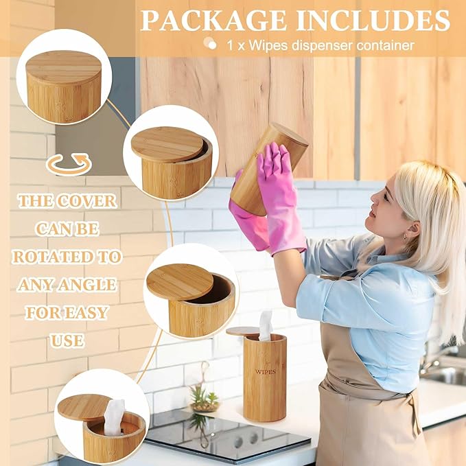 Refillable Wet Wipes Dispenser Disinfecting Wipe Container with Magnetic Lid Stylish Decorative Bamboo Holder for Bathroom Kitchen Countertop Home Office Storage Cleaning(Natural)