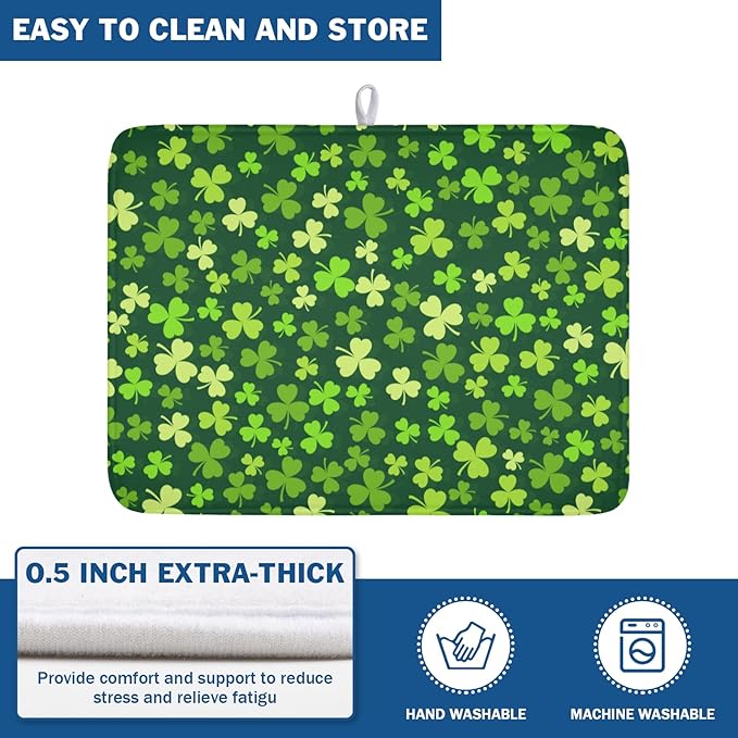 St. Patrick's Day Dish Drying Mat for Kitchen Counter,Irish Green Shamrocks Clover Leaves Drying Mat 18 x 24 Inch with Absorbent Reversible Microfiber Dish Drying Pad for Coffee Bar