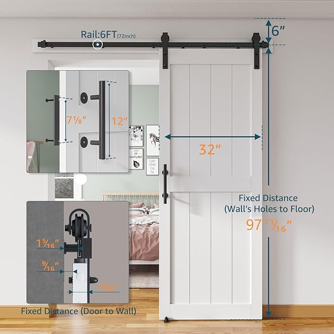 32''x96'' Sliding Barn Door with 6 Ft Barn Door Hardware Kit& Handle& Floor Guides,Pre-Drilled Holes Easy Assembly - Include Installation Manual, Water-Proof PVC Surface, H-Frame, White