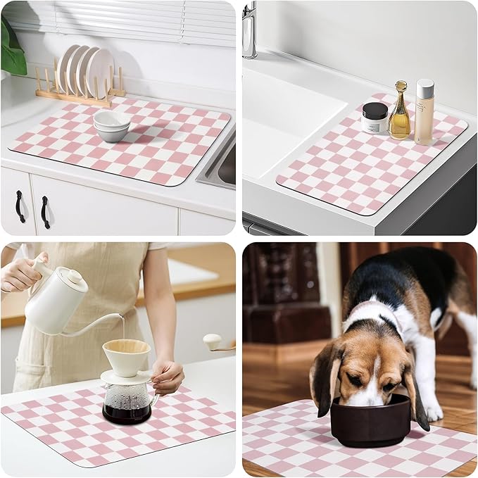 Checkered Dish Drying Mat for Kitchen Counter, Absorbent Non-Slip Coffee Mat, Heat Resistant Mat for Countertops Coffee Bar Decor 12" x 20" Pink