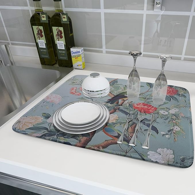 Khope Chinoiserie Dish Drying Mat for Kitchen Counter 18x24 Inch Blue Gray Vintage Bird Floral Reusable Washable Farmhouse Flower Drying Pad Countertop Home Decor