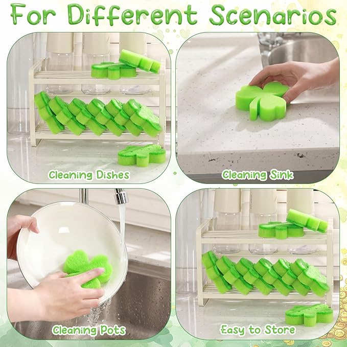 Tioncy 12 Pack St. Patrick's Day Clover Sponges Bulk Dual Sided Scrubber Sponges Dishwashing Kitchen Cleaning Accessories for Household Supplies