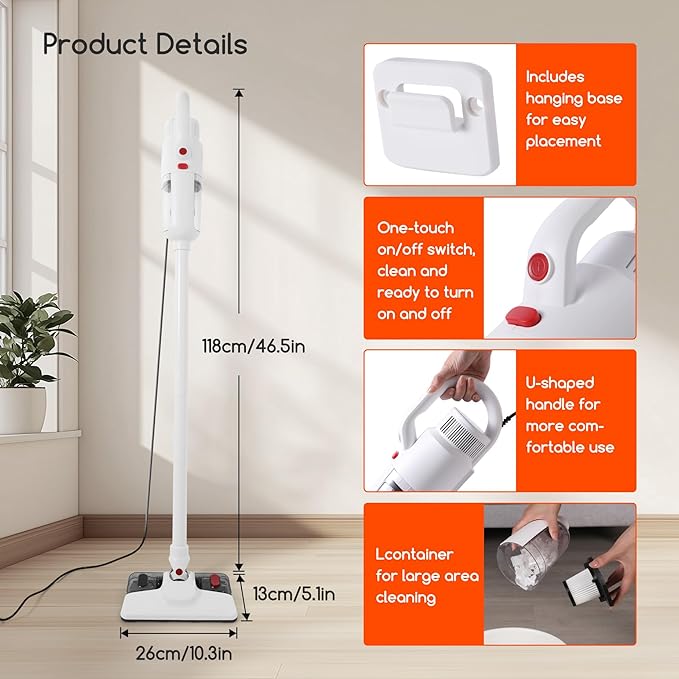Lightweight Stick Vacuum Cleaner, Unique Vacuum and Mop Combo - 3 Dust Filters/Microfiber Pads,Corded Stick Vacuums & Electric Brooms - 400W 12Kpa Suction for Kitchen, Bedroom, Living Room