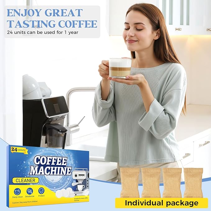 Coffee Pot Cleaner, Coffee Maker Cleaner Descaler Tablets, 24 Counts Machine Cleaning Tabs, Compatible With Keurig, Nespresso, Ninja, Philips, Miele, Descale Drip Coffe And Espresso Machines