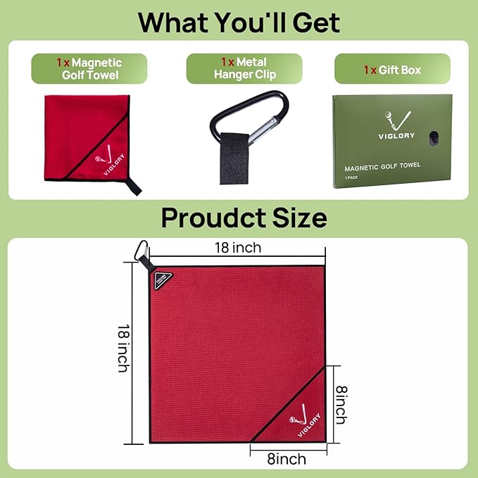 Magnetic Golf Towel - Exclusive Cleaning Pocket–18"x18"–Strong Magnet for Golf Cart or Clubs, Spot-Clean Design, Ultra Absorbent Waffle Microfiber–Golf Accessories & Gift for Men(Red 1 Pack)