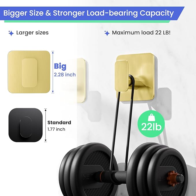 Gold Hooks for Hanging Heavy Duty, Adhesive Hooks for Shower, Bathroom, Kitchen, Robe, Towel, Coat, Waterproof & Rustproof Hook for Walls No Damage, Stainless Steel Sticky Hook - 4 Pack