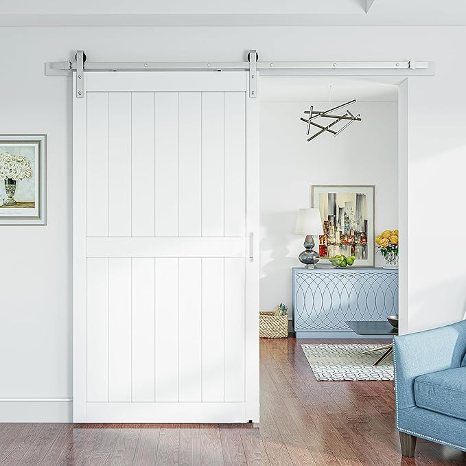SmartStandard 48 x 96 inch White Sliding MDF Barn Door with 8FT Brushed Nickel Sliding Door Hardware Kit & Handle, Pre-Drilled Ready to Assemble, Waterproof PVC Coating, H-Frame