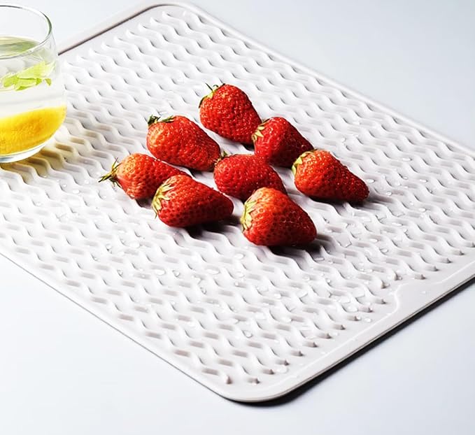 Silicone Dish Drying Mat for Multiple Usage, Easy clean, Eco-friendly, Heat-resistant Dish Drainer Mat for Kitchen Counter,Sink,Refrigerator or Drawer liner (12" x 12", White)