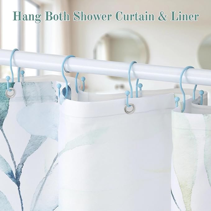Goowin Shower Curtain Hooks, 12 Pcs Shower Curtain Rings, Stainless Steel Shower Curtain Hangers, Metal Shower Curtain Hooks Rings Rust Proof, Minimalist Shower Hooks for Shower Curtain, Blue