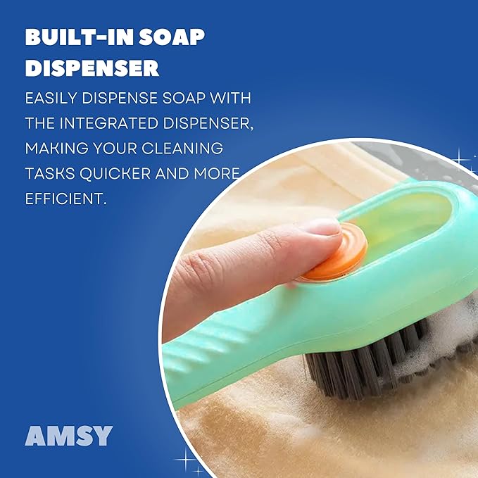 AMSY 2-in-1 Multipurpose Cleaning Brush with Soap Dispenser - Green, Nylon Bristles, Plastic Handle and Body, Ideal for Kitchen, Bathroom, Tile, Upholstery, Fabric, Shoes, Utensils