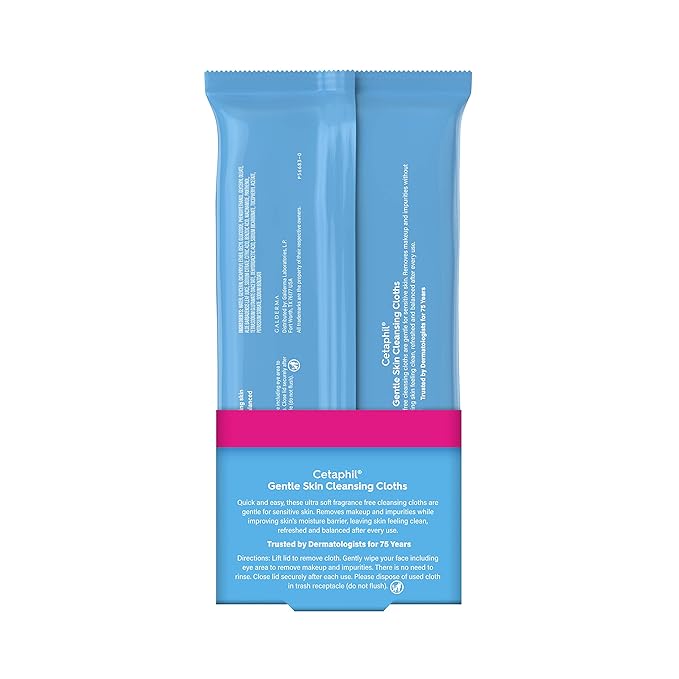 Cetaphil Face and Body Wipes, Gentle Skin Cleansing Cloths, 50 Count, Twin Pack, for Dry, Sensitive Skin, Flip Top Closure, Great for the Gym, Travel, in the Car, Hypoallergenic, Fragrance Free