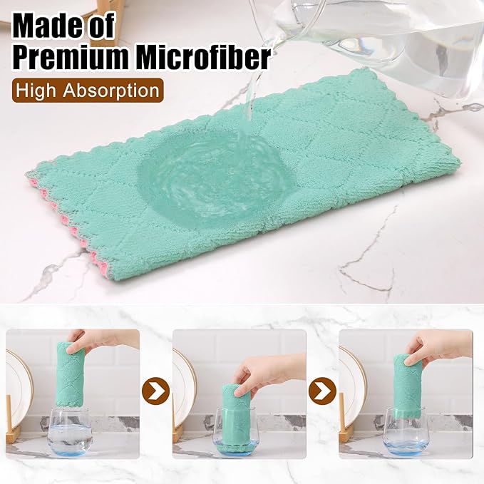 Mordimy 18 Pack Kitchen Cloths Dish Towels (10" x 10", Green & Pink), Super Soft and Absorbent Dish Cloths, Coral Velvet Microfiber Cleaning Cloth, Nonstick Oil Fast Dry Dishcloths