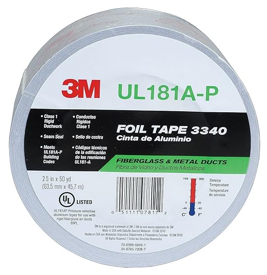 3M Aluminum Foil Tape 3340, 2.5" x 50 yd, 4.0 mil, Silver, HVAC, Sealing and Patching Hot and Cold Air Ducts, Fiberglass Duct Board, Insulation, Metal Repair