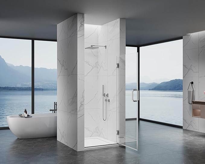 Framelss Hinged Shower Door, 36" W x 76" H Single Swing Pivot Shower Door, 3/8" (10mm) Tempered Glass with Nano Coating, Stainless Steel Handle, Glass Door for Walk-in Shower - Bright Chrome