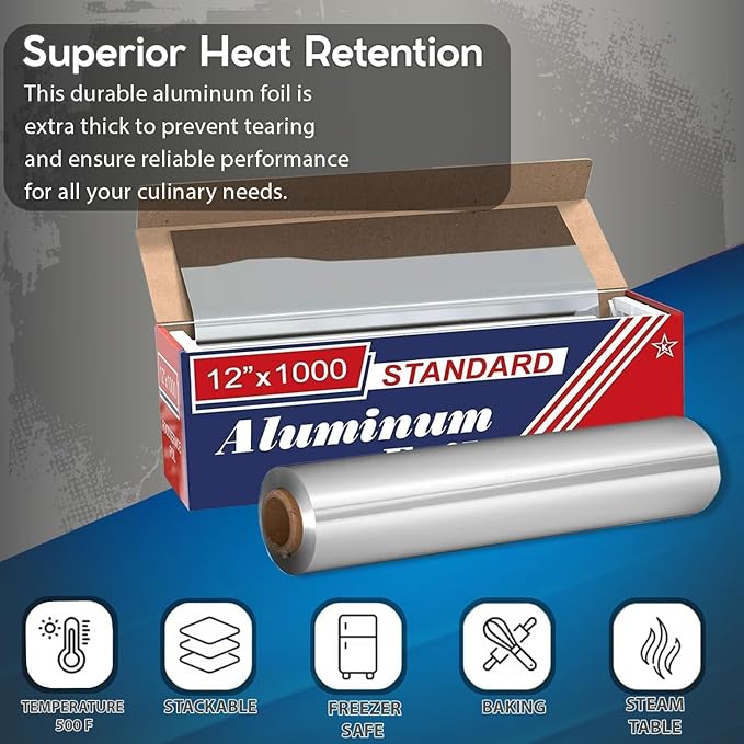 12" x 1000" (4 Pack) Standard Aluminum Foil Roll - Food Service Aluminum Roll - Commercial Grade Disposable Foil Roll for Food Service Industry and Home Use