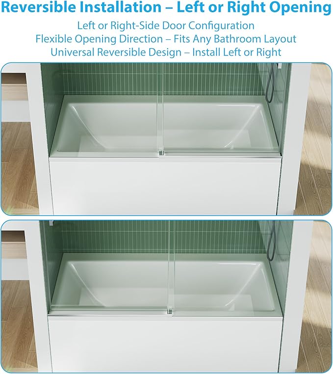 Bathtub Shower Door, 59" Wide x 60" High Sliding Door with 8mm Tempered Glass & Easy-Clean Coating, Brushed Stainless Steel Top Rail, One Fixed One Sliding Panel