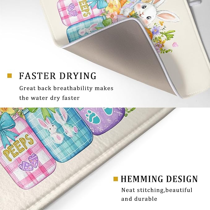 Easter Bunny Carrots Dish Drying Mat for Kitchen Counter,Spring Colorful Flowers Mason Jar Drying Mat 18 x 24 Inch with Absorbent Reversible Microfiber Drying Pad for Coffee Bar