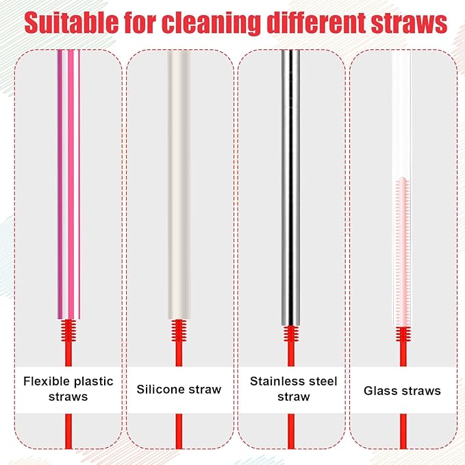 3pcs Silicone Straw Brush and Cup Lid Cleaning Brush, Ultra Long Straw Cleaning Brush Reusable Bendable Silicone Straw Cleaner Pipe Brush Cup Lid Cleaner for Cleaning Bottles Straws (6mm+8mm, Red)