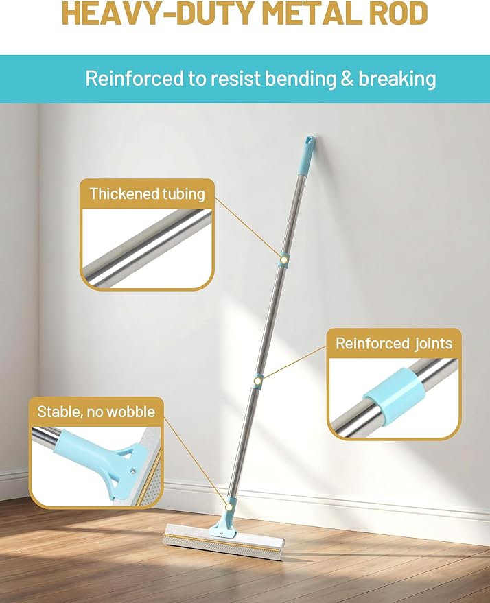 DELOMO Carpet Rake for Pet Hair Removal Carpet Scraper Broom with 54” Adjustable Long Handle, Dual-Sided, Metal + Short Silicone for Carpets & Rugs, Extended Silicone for Shag Rugs & Hard Floors