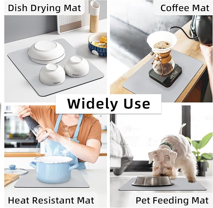 LOPNUR Kitchen Dish Drying Mat, 18"x16" Small Dish Drying Mats for Kitchen Counter, Super Absorbent Dish Drying Pad, Diatomite Coffee Mat Heat Resistant Mat with Anti-slip Rubber Backed, Light Grey