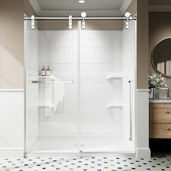 Frameless Sliding Shower Door for 56–60 in Wide Shower, Stainless Steel Barn-Style Glass Shower Door, Single Sliding, with Shatterproof Film, Chrome