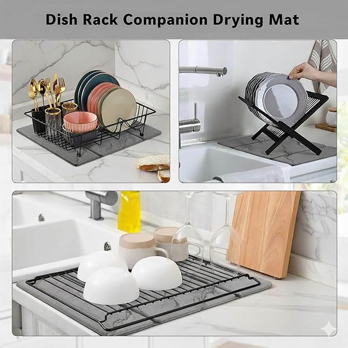 3-Panel Stone Drying Mat for Counter, 20"×16" – Fast Dry Diatomaceous Earth Dish Mat, Heat-Resistant,Stable Hard Stone Pad for Dishes, Ice Maker & Air Fryer, Protects Premium Countertops