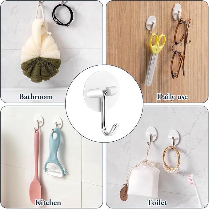 24pcs Round Plastic Hooks - Small Self Stick Hooks for Hanging, White, Waterproof & Oil Proof for Kitchen Utensils
