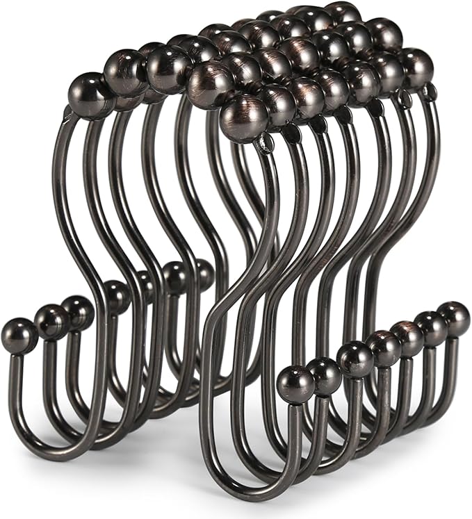 Goowin Shower Curtain Hooks, 12 Pcs Shower Curtain Rings, Stainless Steel Shower Curtain Hangers, Double Hook Shower Curtain Hooks, Smooth Sliding Anti-Drop Shower Rings for Curtain (Bronze)