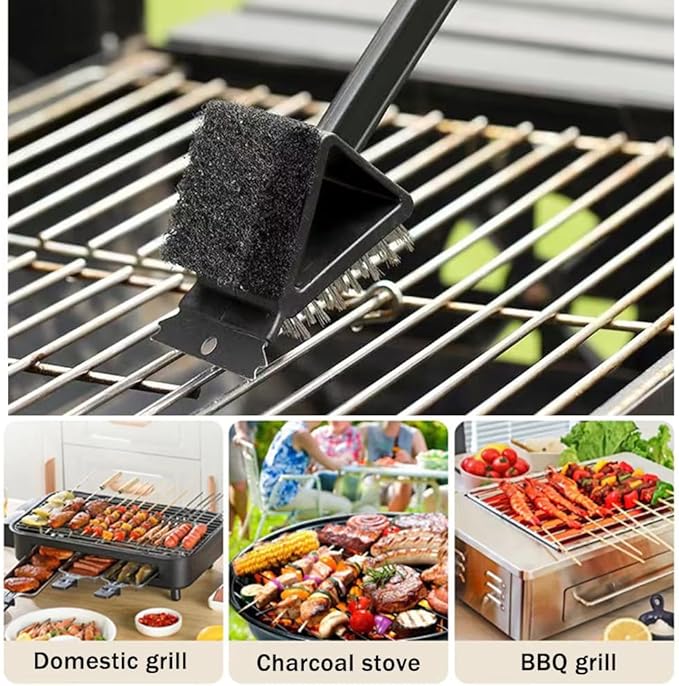 3-in-1 BBQ Grill Cleaning Brush, Brush Outdoor BBQ Cleaner Accessories Brush Wire Scrubber,Scraper and Scrub Pad in One Tool