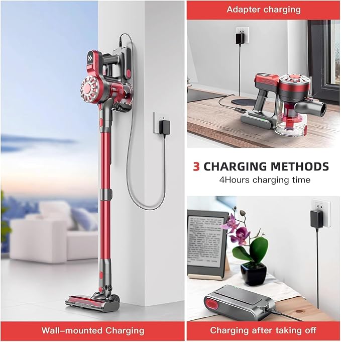 Cordless Vacuum Cleaner for Home,Lightweight Stick Vacuum Cordless Rechargeable with Power Suction, Up to 35 Mins Runtime, Hardwood Floor Vacuum for Pet Hair,Carpets,Tile(Dark Red)
