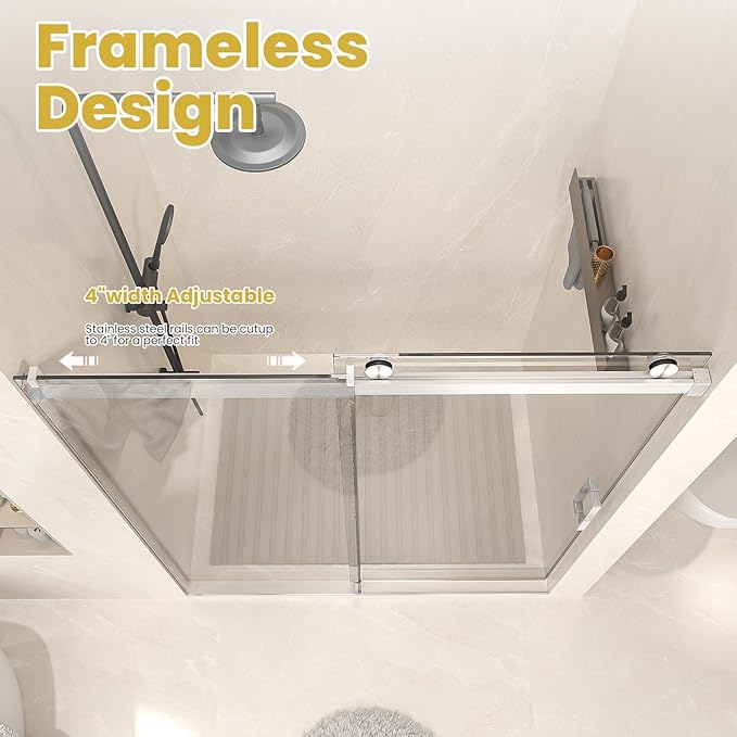 Shower Door 56–60 in W x 76 in H, 3/8" Tempered Glass Sliding Shower Door, Frameless Brushed Nickel, Soft-Close with Buffer, Reversible Installation for Modern Bathroom