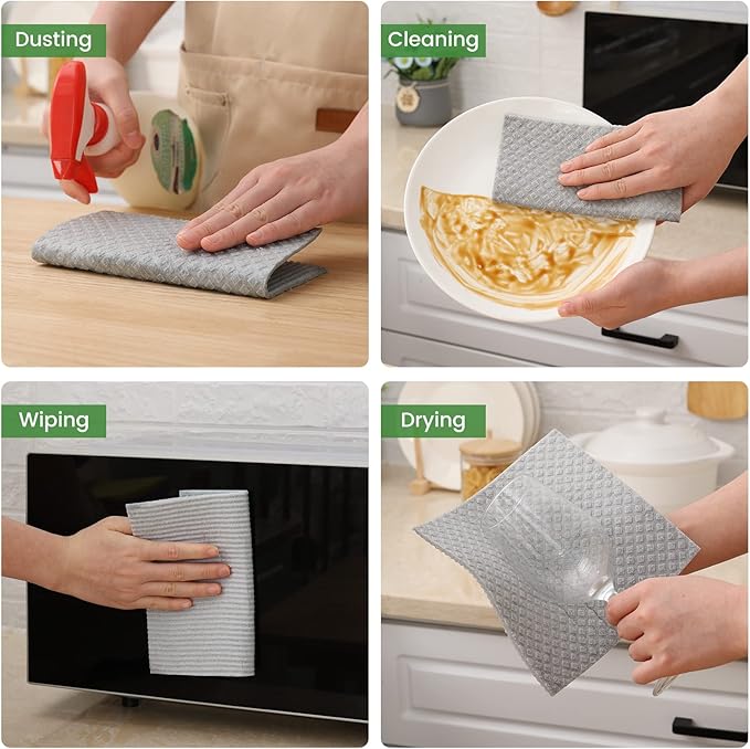 Homaxy Swedish Dishcloths for Kitchen, 10 Pack Reusable and Washable Cellulose Sponge Cloths Dish Towels, Absorbent and No Odor Paper Towels for Dishes ＆ Counters, Grey