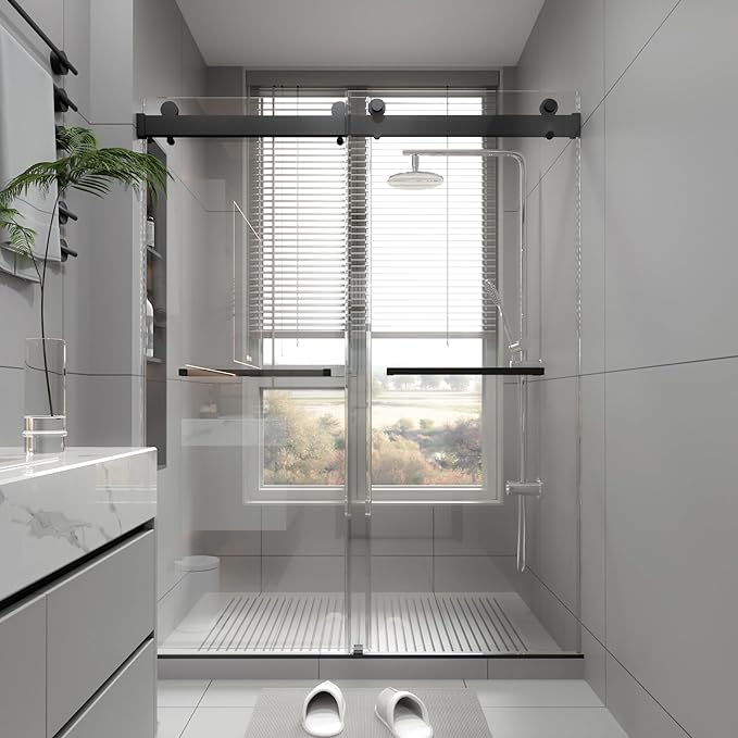 Shower Door 56–60 in W x 76 in H, 3/8" Tempered Glass Double Sliding Shower Door, Frameless Matte Black, Exquisite Rolling Track Design, Reversible Installation for Modern Bathroom
