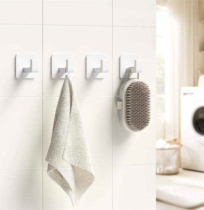 Square Self Adhesive Towel Hooks - 2 Pack Matte White Metal Hooks, Right-Angle Design for Towels, Robes & Hats, Organize Bathroom, Kitchen, Entryway, Doors, Cabinets on Smooth Surfaces