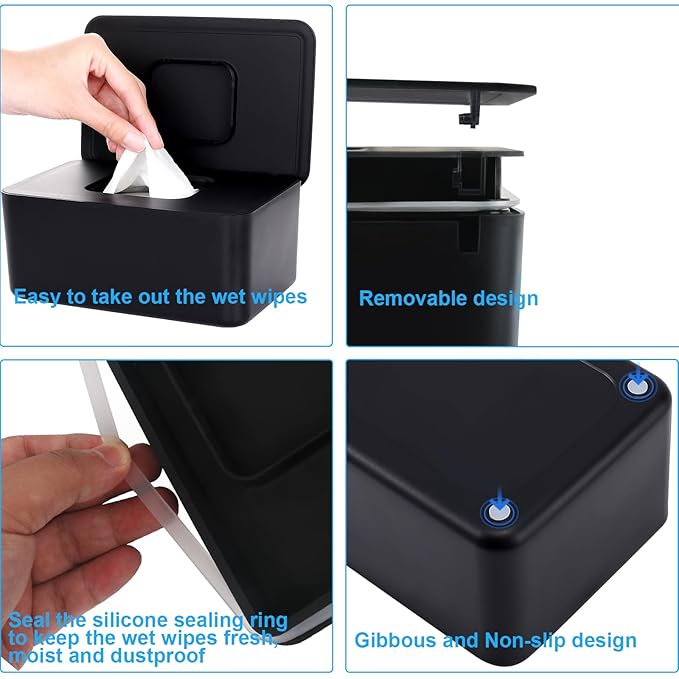 Baby Wipes Dispenser, Wipes Dispenser Baby Wipes Case, Baby Wipe Holder for Fresh Wipes, Non-Slip Wipes Case, Wipe Container with Sealing Design Lid (Black)