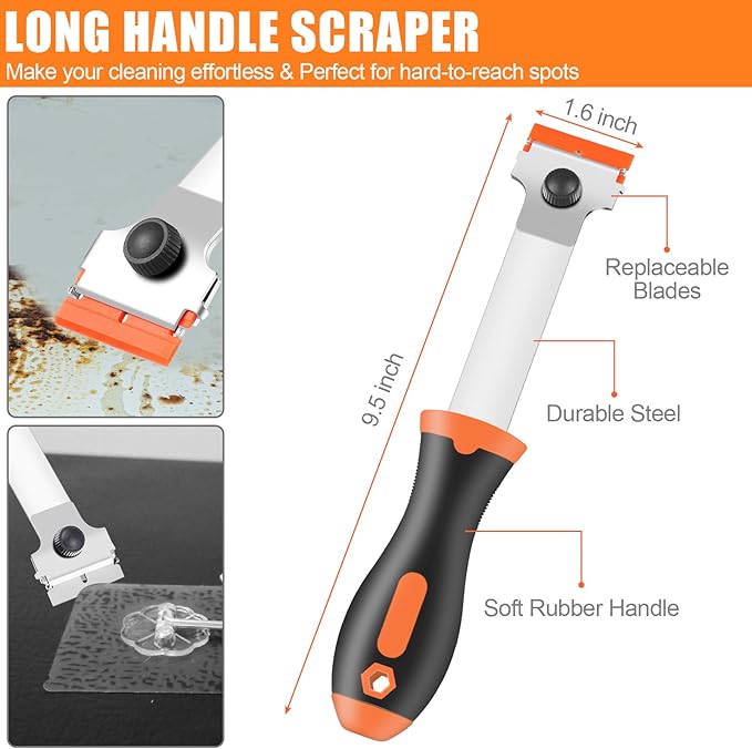 4 Pack Razor Blade Scraper, Premium Cleaning Scraper Tool with 50 PCS Metal & Plastic Razor Blades, Multi-Purpose Glass Scraper for Windows, Sticker, Decals, Cooktop, Paint Removal (Orange)