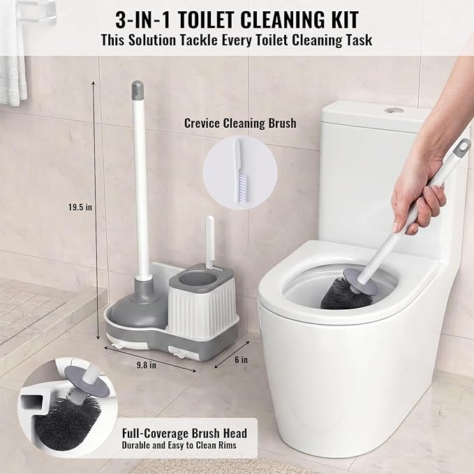 3-in-1 Toilet Brush and Plunger Set with Hidden Holder, Vented Stand & Drip Tray, Hangable or Freestanding, 360° Deep-Clean Brush Head + Gap Brush, Shatter-Resistant Handles（White）