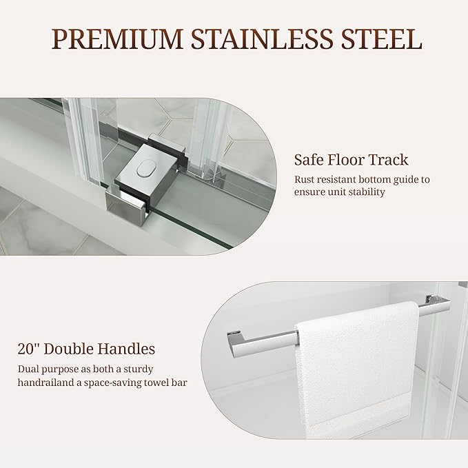 56-61" W x 76" H Frameless Shower Door, Double Sliding Glass Shower Door with 3/8" (10mm) SGCC Tempered Glass, Dual 304 Stainless Towel Bars Bathroom Shower Glass Door (Chrome)