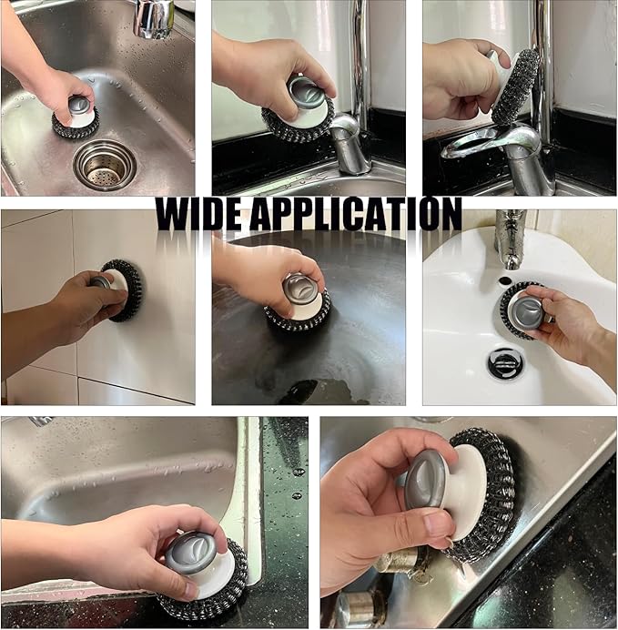 Stainless Steel Wool Scrubber with Handle, Heavy Duty Dish Scrubber, Steel Brush for Cleaning Pots, Pans, Grills, Sink (4 Pack)