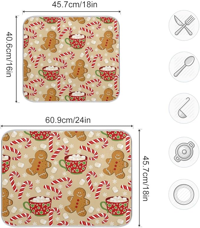 Christmas Gingerbread Man Candy Cane Dish Drying Mat for Kitchen Winter Snow Snowflake Snowman Xmas Microfiber Drying Mats Absorbent Reversible Dish Pad Medium Dish Draining Mat 16x18 inch