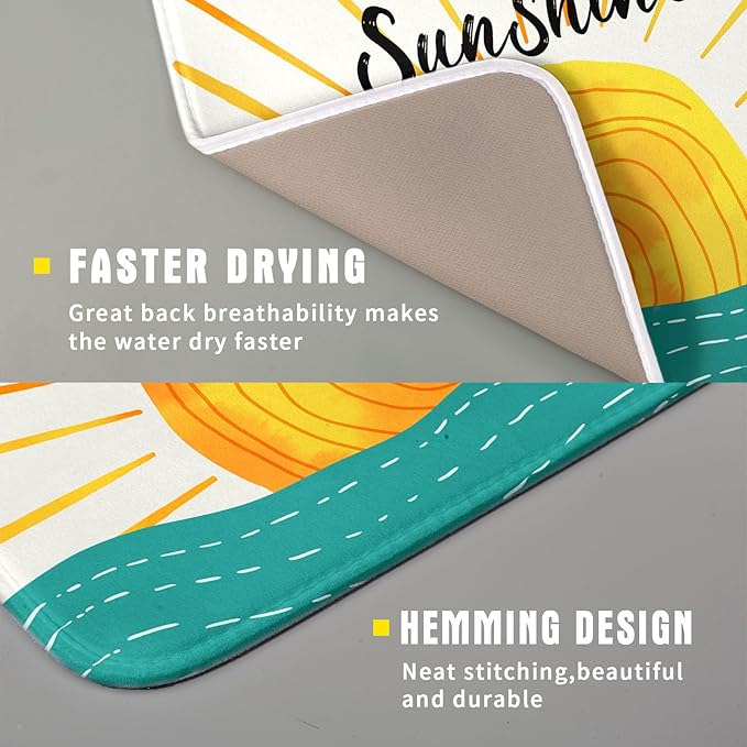 Summer Seaside Sunset over Sea Dish Drying Mat for Kitchen Counter,Hello Sunshine Drying Mat 16 x 18 Inch with Absorbent Reversible Microfiber Drying Pad for Coffee Bar