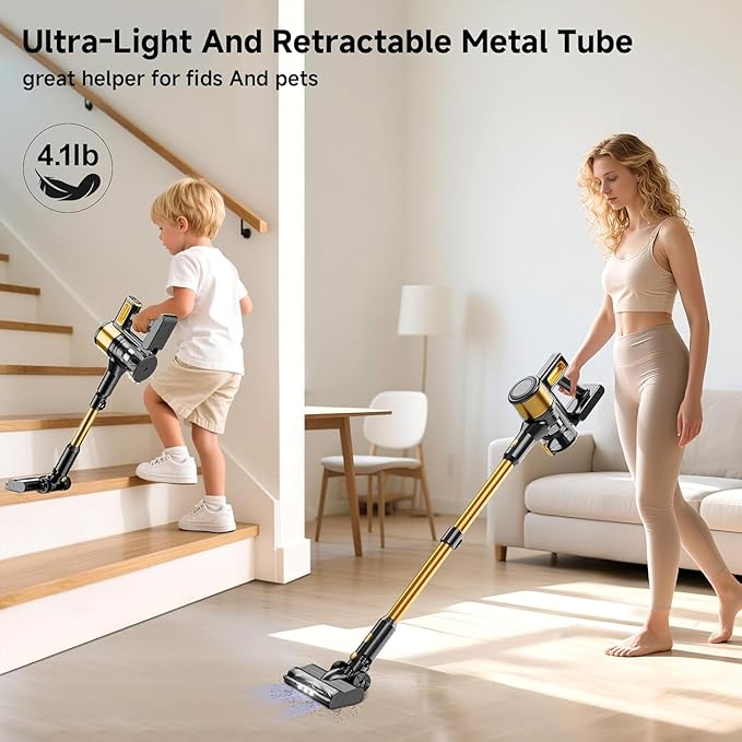 Cordless Vacuum Cleaner, 8 in 1 40Kpa 55Mins,Lightweight Vacuum Cleaners for Home, Stick Vacuum with Anti-Tangle Brush,Wall Mount, Rechargeable Cordless Vacuum for Floor/Sofa/Pet Hair,Golden