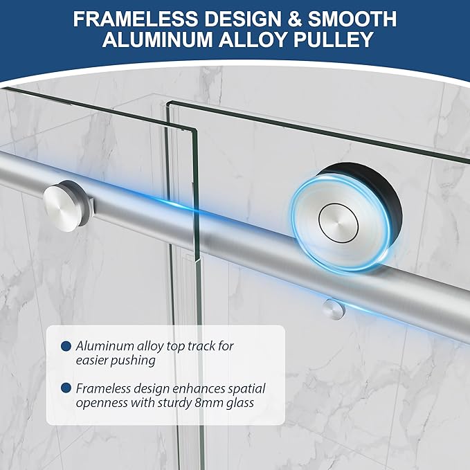 Frameless Shower Door,5/16" (8mm) Glass Sliding Shower Door with Soft-Close & Anti-Leak,Nano Coating Anti-Explosion Film SGCC Tempered Glass 49"-54" X 76"H,Brushed Nickel