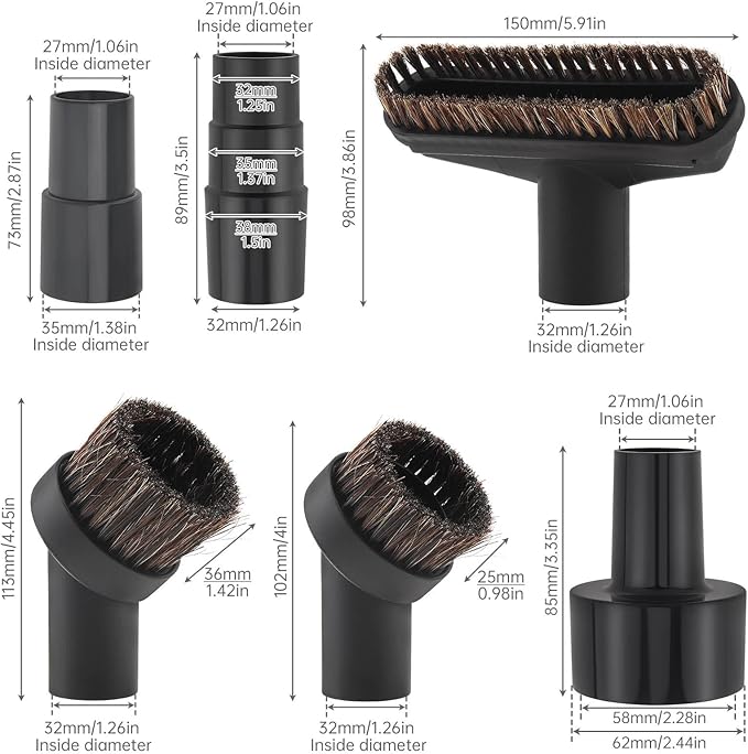 Vacuum Brushes 6PC, 1.26inch Horse Hair Vacuum Attachment, 5.9inch Vacuum Floor Brushes Vacuum Cleaner with 1-1/4 Inch to 1-3/8 inch Adapter, Vacuum Head Brushes Replacement for Household Cleaning
