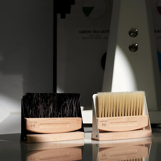 Coffee Dust Pan and Brush Set - Mini Hand Broom and Dustpan Set, Magnetic Natural Horsehair Espresso Brush, FAS Birch Wood Barista Tools for Tamping Station & Coffee Bar Countertop, Black