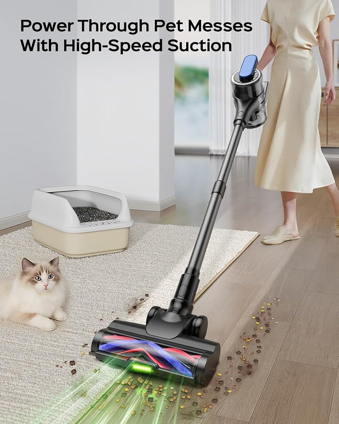 Cordless Stick Vacuum Cleaner – 3-in-1 Brush Roll for Hard Floors and Carpets, 55 Min Runtime Rechargeable Lightweight Vacuum with Green LED Headlight for Pet Hair and Dust Cleaning