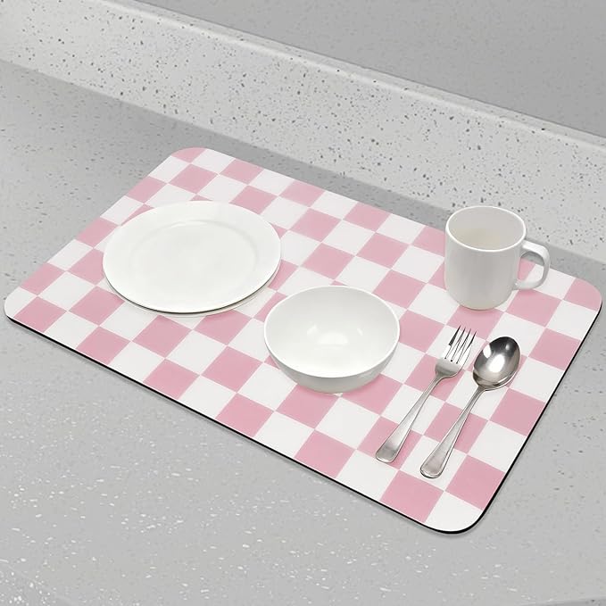 Checkered Dish Drying Mat for Kitchen Counter, Absorbent Non-Slip Coffee Mat, Heat Resistant Mat for Countertops Coffee Bar Decor 16" x 24" Pink